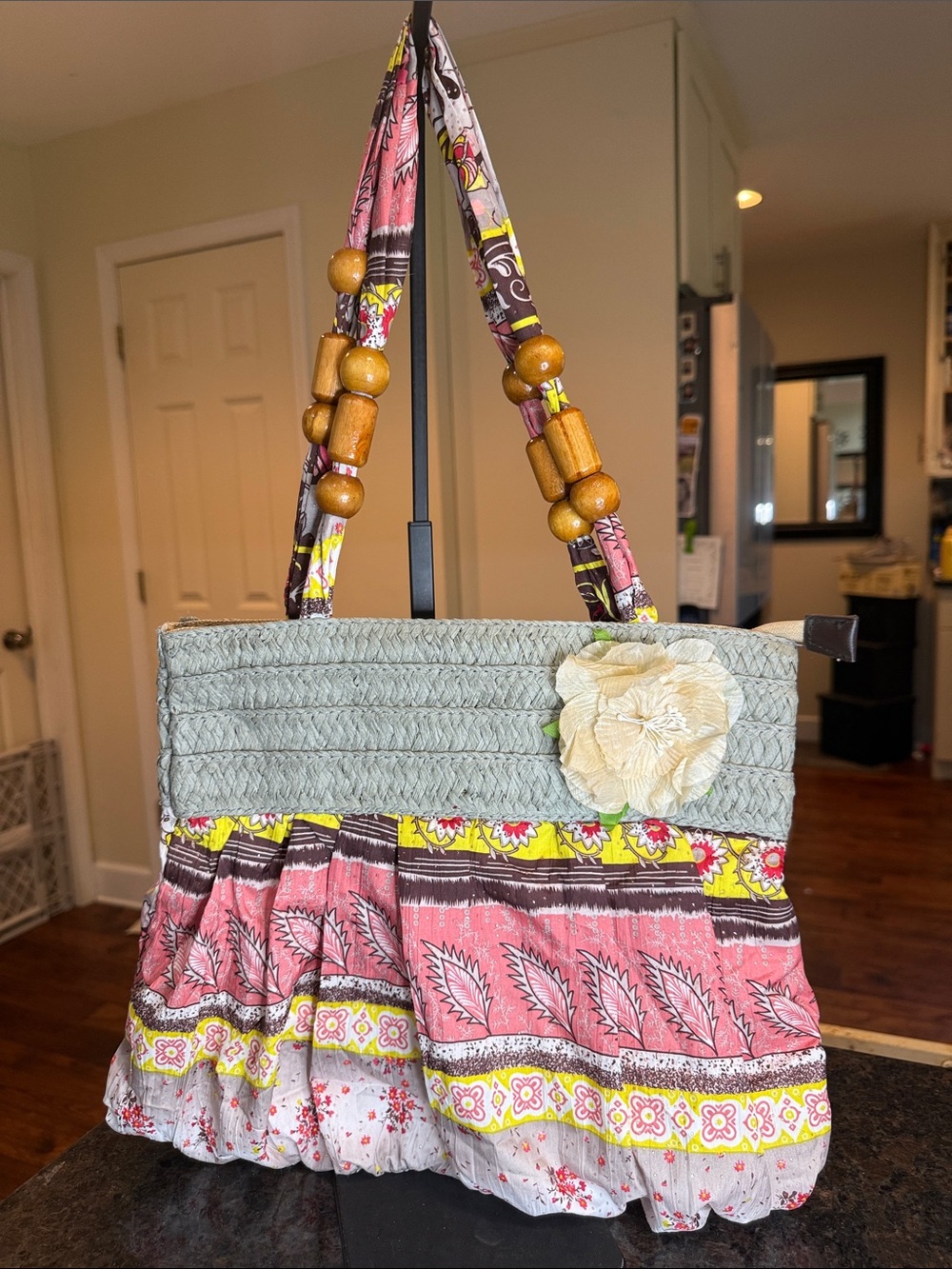 Source Unknown Pink, Gray and Yellow Boho Shoulder Bag with Wooden Bead Straps